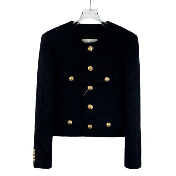 Celine Black Tweed Jacket With Gold Buttons French Size 38 Long Sleeves Structur - Picture 1 of 7